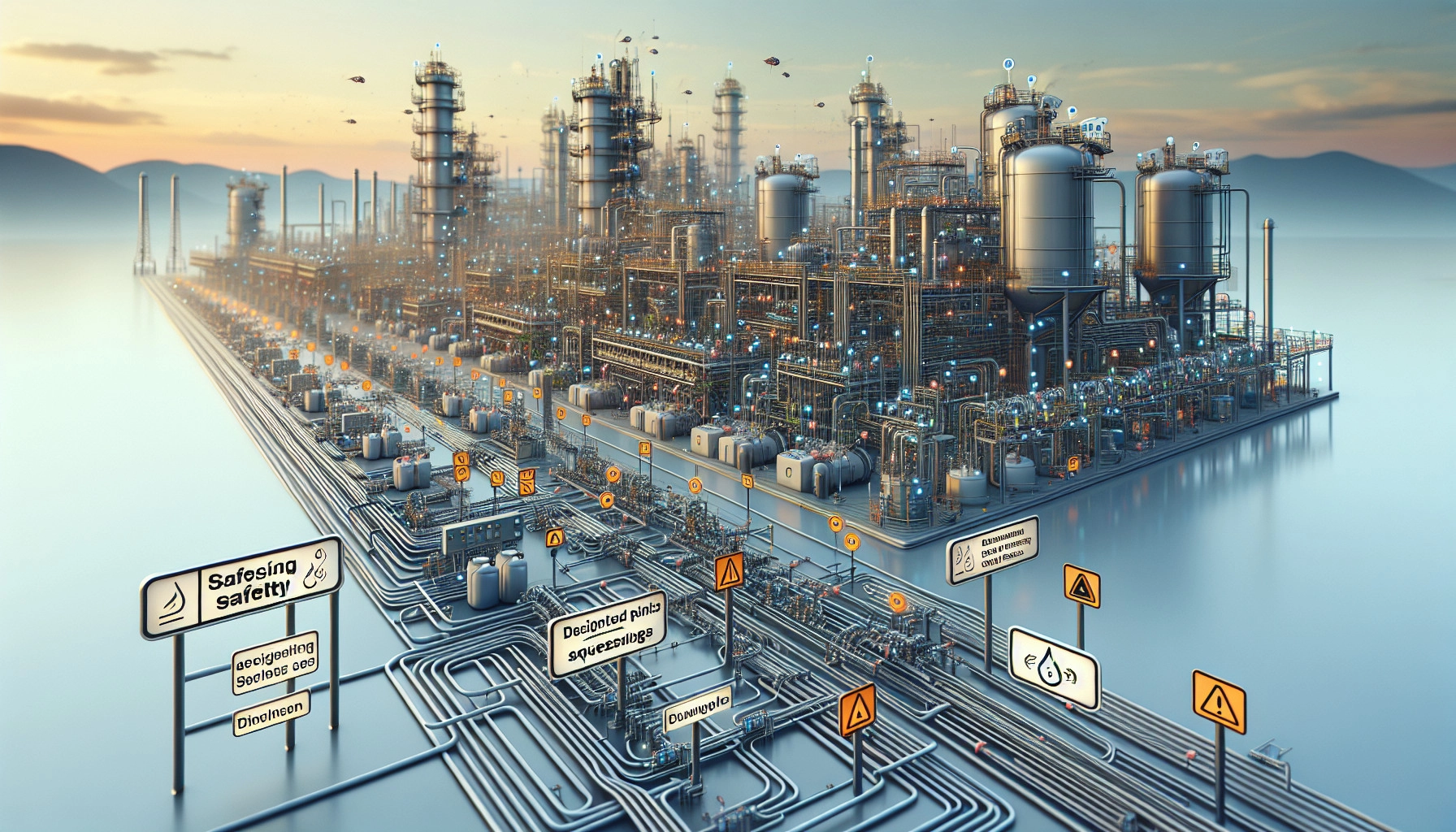 Illustration Of A Water Treatment Facility With Safety Signs And Sds Access Points