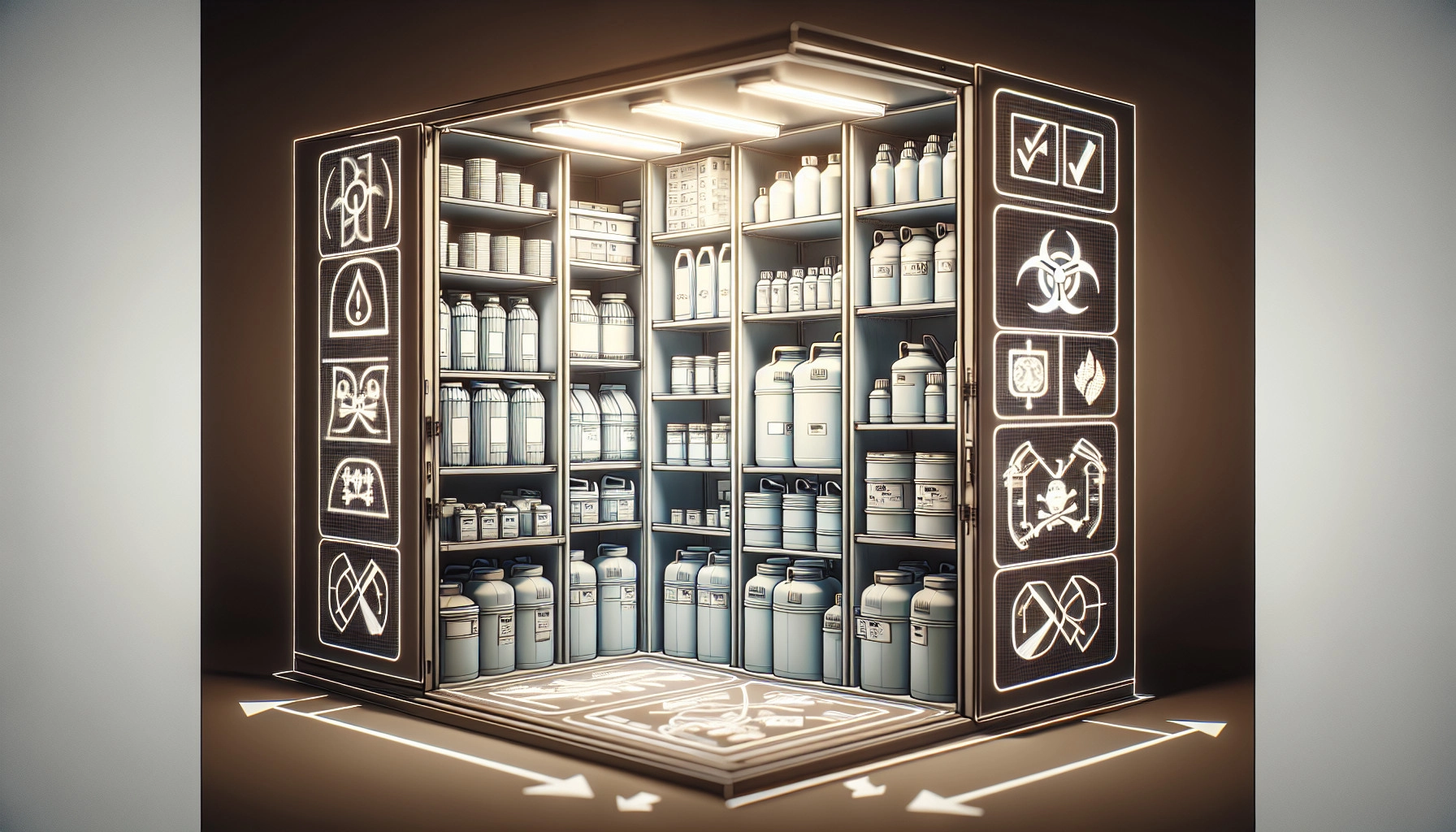 Illustration Of Proper Storage Of Hazardous Chemicals In A Well-Ventilated And Labeled Cabinet